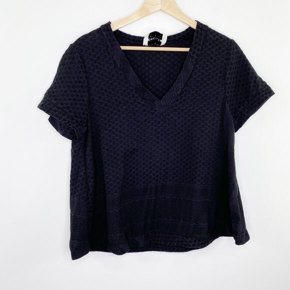 Cecilie Copnehagen Black Textured Short Sleeve V-Neck Top Women's Size Large - Picture 1 of 6